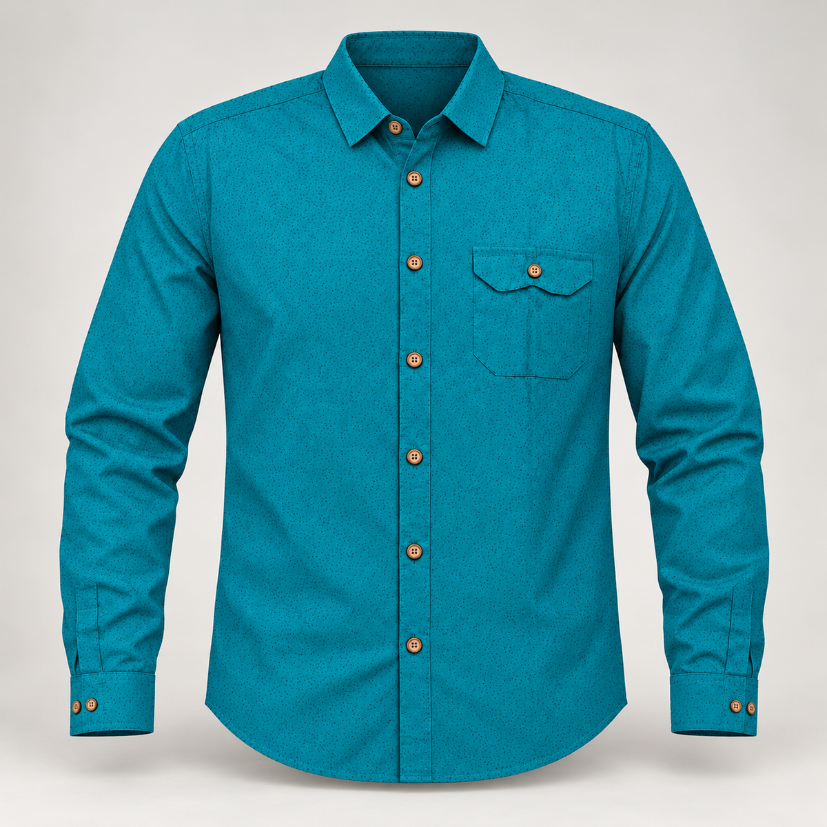 Microfleck Print Single Flap Pocket Full Sleeve Shirt - Teal - clean dimensional product front, without hangtags