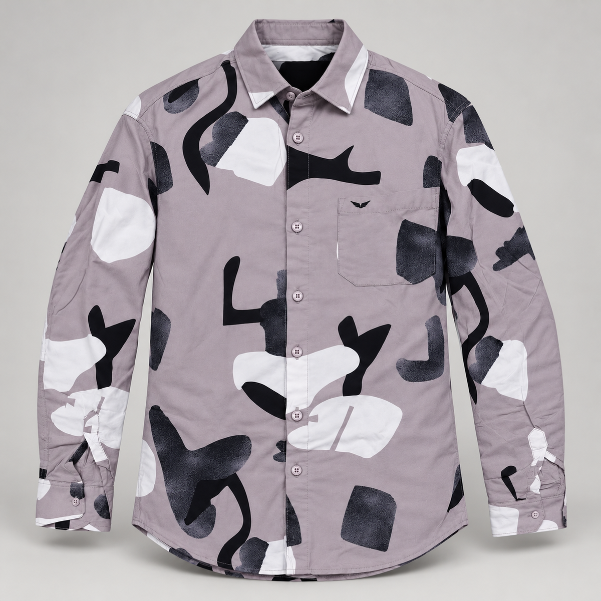 Large Abstract Print Full Sleeve Pocket Shirt - Grey Lilac - clean dimensional product front, without hangtags
