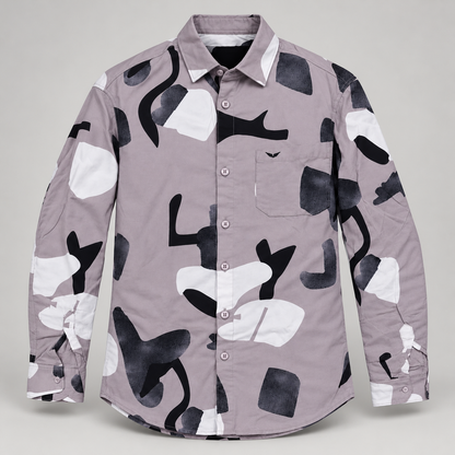 Large Abstract Print Full Sleeve Pocket Shirt - Grey Lilac - clean dimensional product front, without hangtags