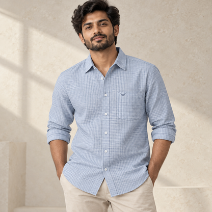 Pale blue grey fine grid full sleeve shirt - modern model with rolled sleeves