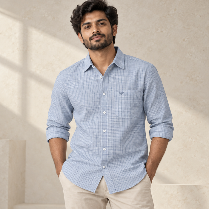 Fine Grid Full Sleeve Wing Pocket Shirt - Pale Blue Grey