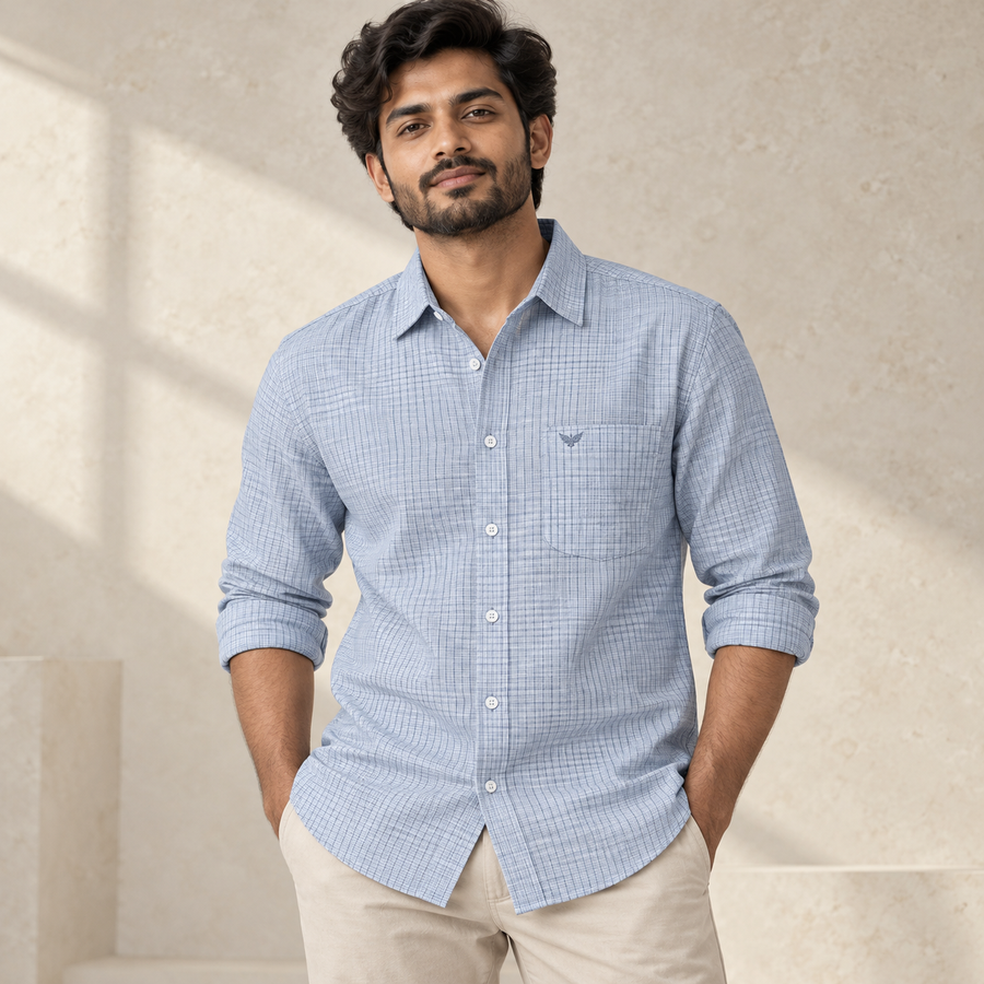 Pale blue grey fine grid full sleeve shirt - modern model with rolled sleeves