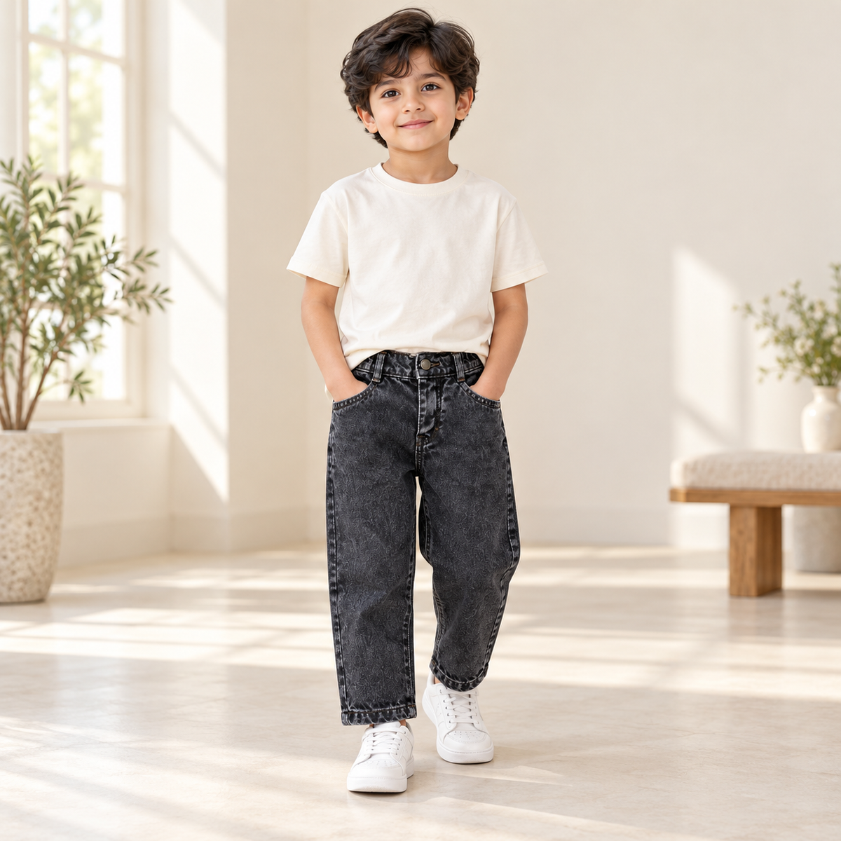 Kids' Charcoal Washed Mom Fit Jeans — full model lifestyle view