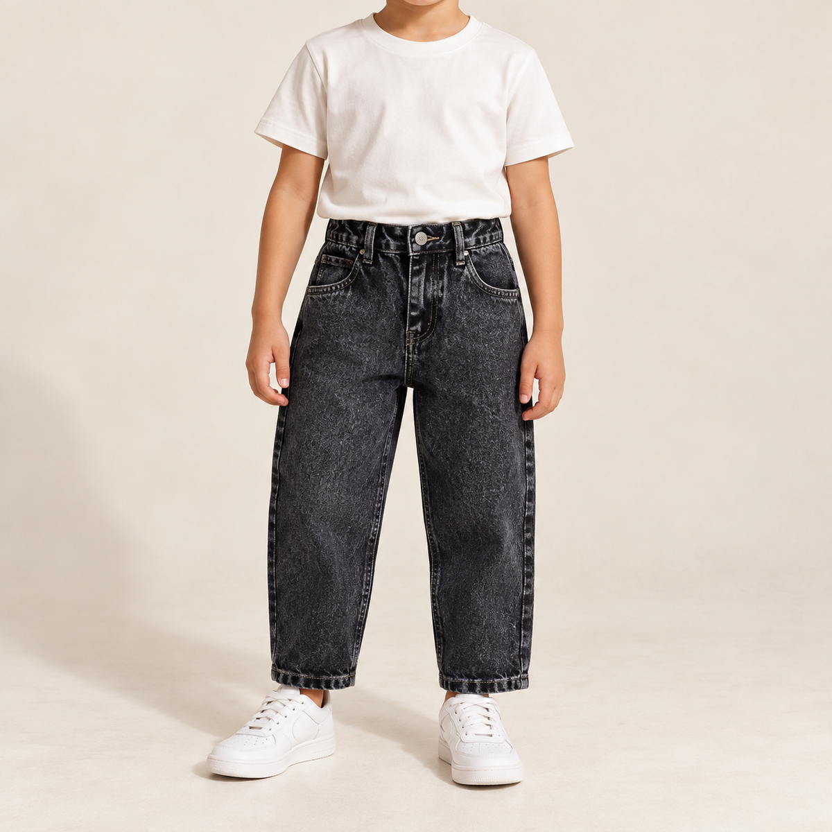 Charcoal Washed Mom Fit Jeans — model wearing the jeans