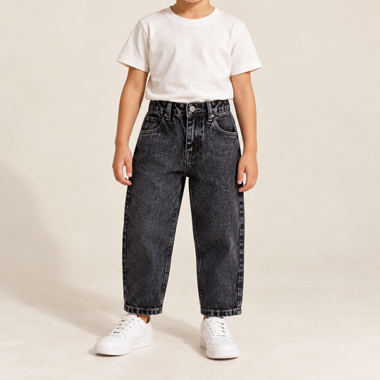 Charcoal Washed Mom Fit Jeans — model wearing the jeans