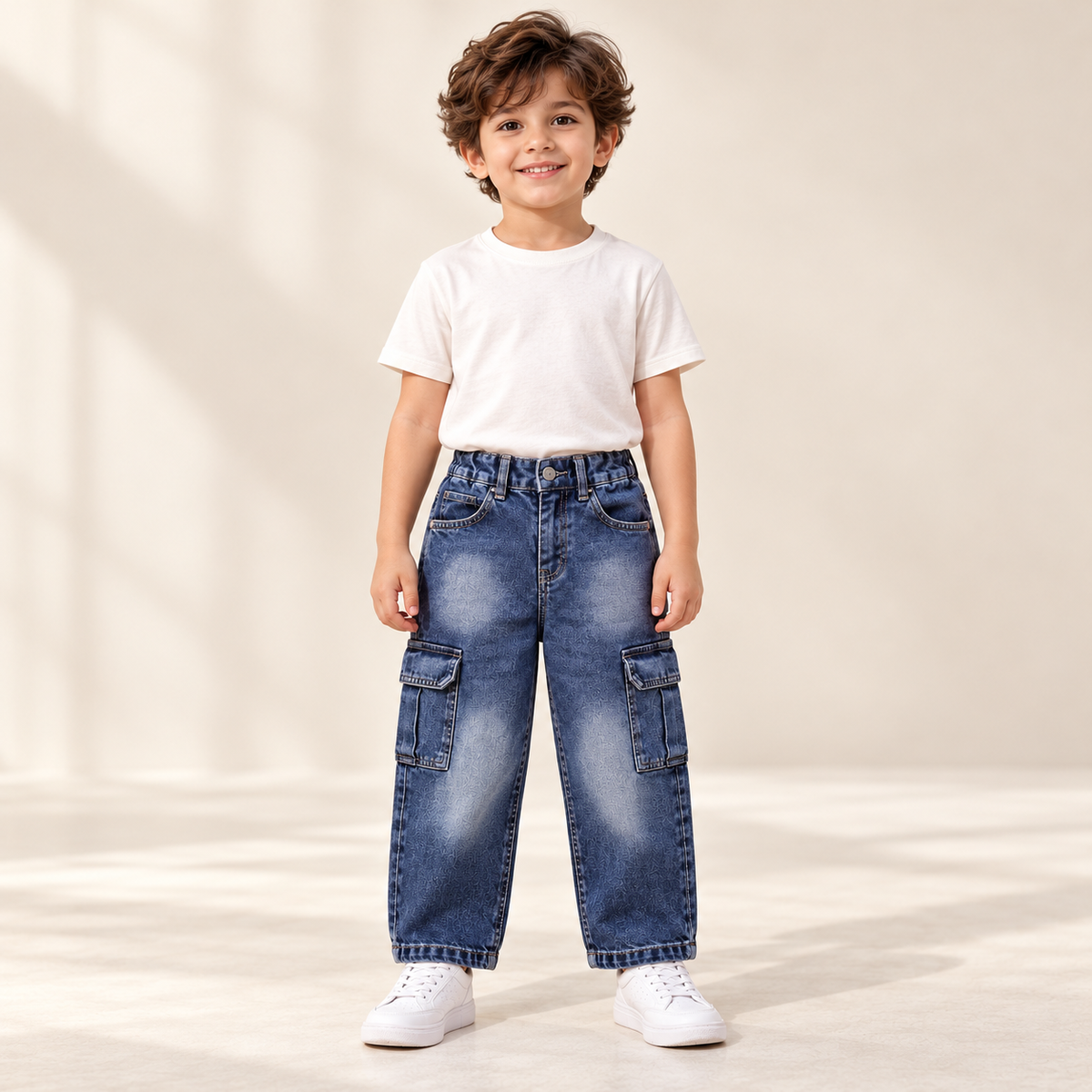 Kids' Dark Blue Mom Fit Cargo Jeans — full-length jeans on a model