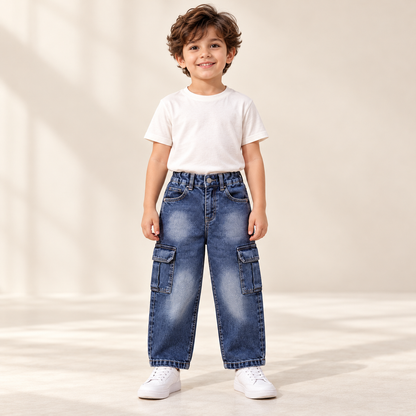 Kids' Dark Blue Mom Fit Cargo Jeans — full-length jeans on a model
