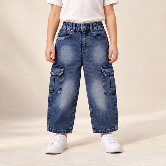 Dark Blue Mom Fit Cargo Jeans — model wearing the jeans