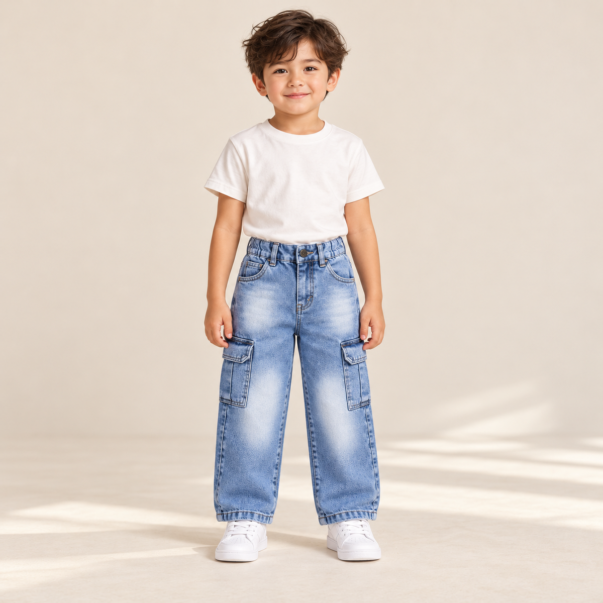 Kids' Light Blue Mom Fit Cargo Jeans — full-length jeans on a model