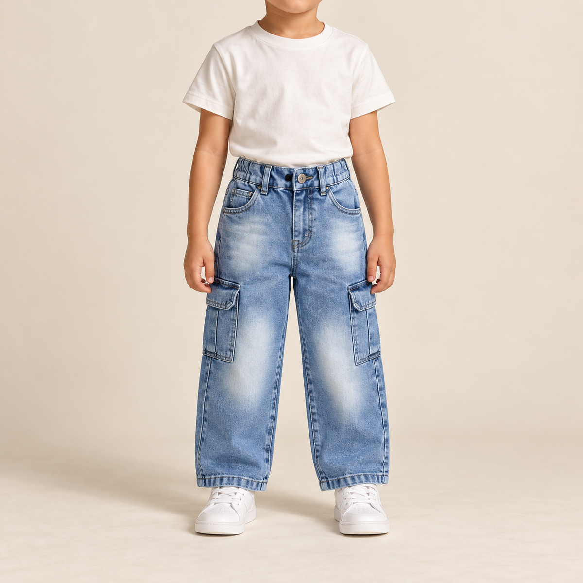 Light Blue Mom Fit Cargo Jeans — model wearing the jeans