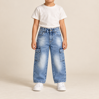 Light Blue Mom Fit Cargo Jeans — model wearing the jeans