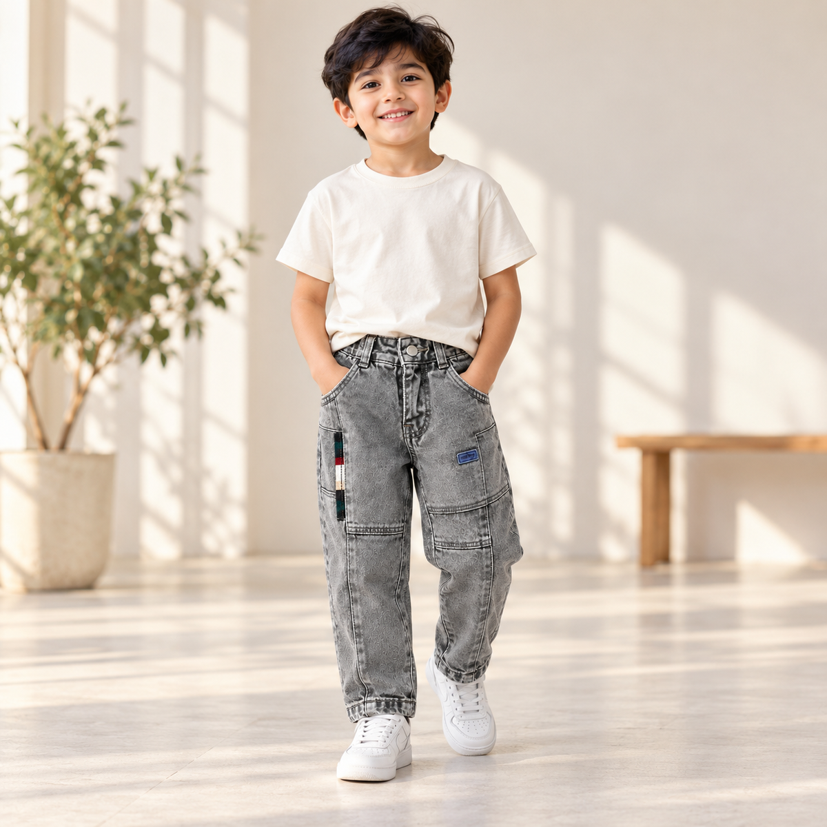 Kids' Light Grey Detail Mom Fit Jeans — full model lifestyle view
