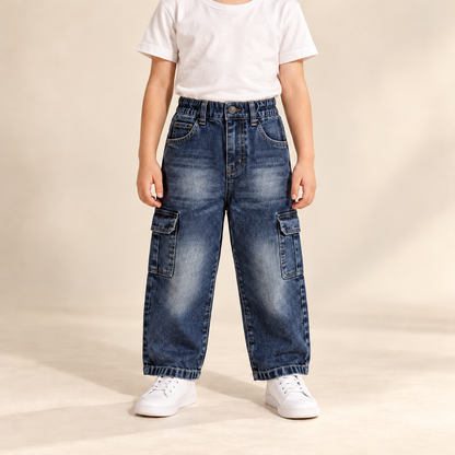 Dark Wash Utility Mom Fit Jeans — model wearing the jeans