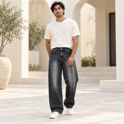 Men's Charcoal Panel Baggy Jeans — full model lifestyle view