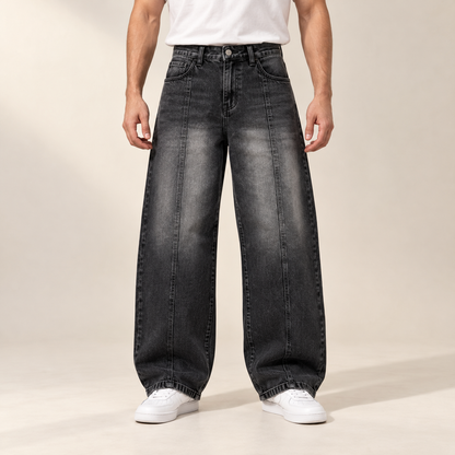 Charcoal Panel Baggy Jeans — model wearing the jeans