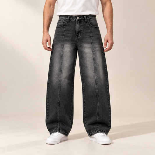 Charcoal Panel Baggy Jeans — model wearing the jeans