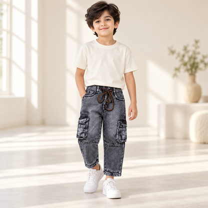 Boys' Grey Drawstring Mom Fit Cargo Jeans — full model lifestyle view
