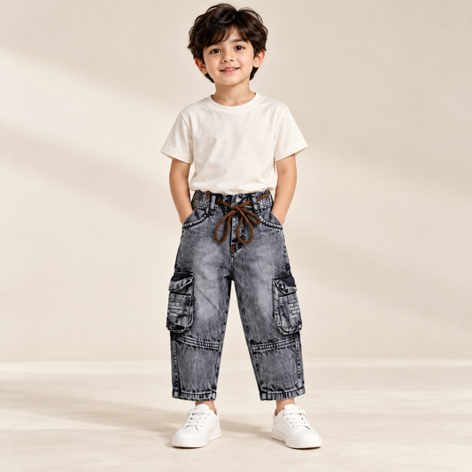 Grey Drawstring Mom Fit Cargo Jeans — model wearing the jeans