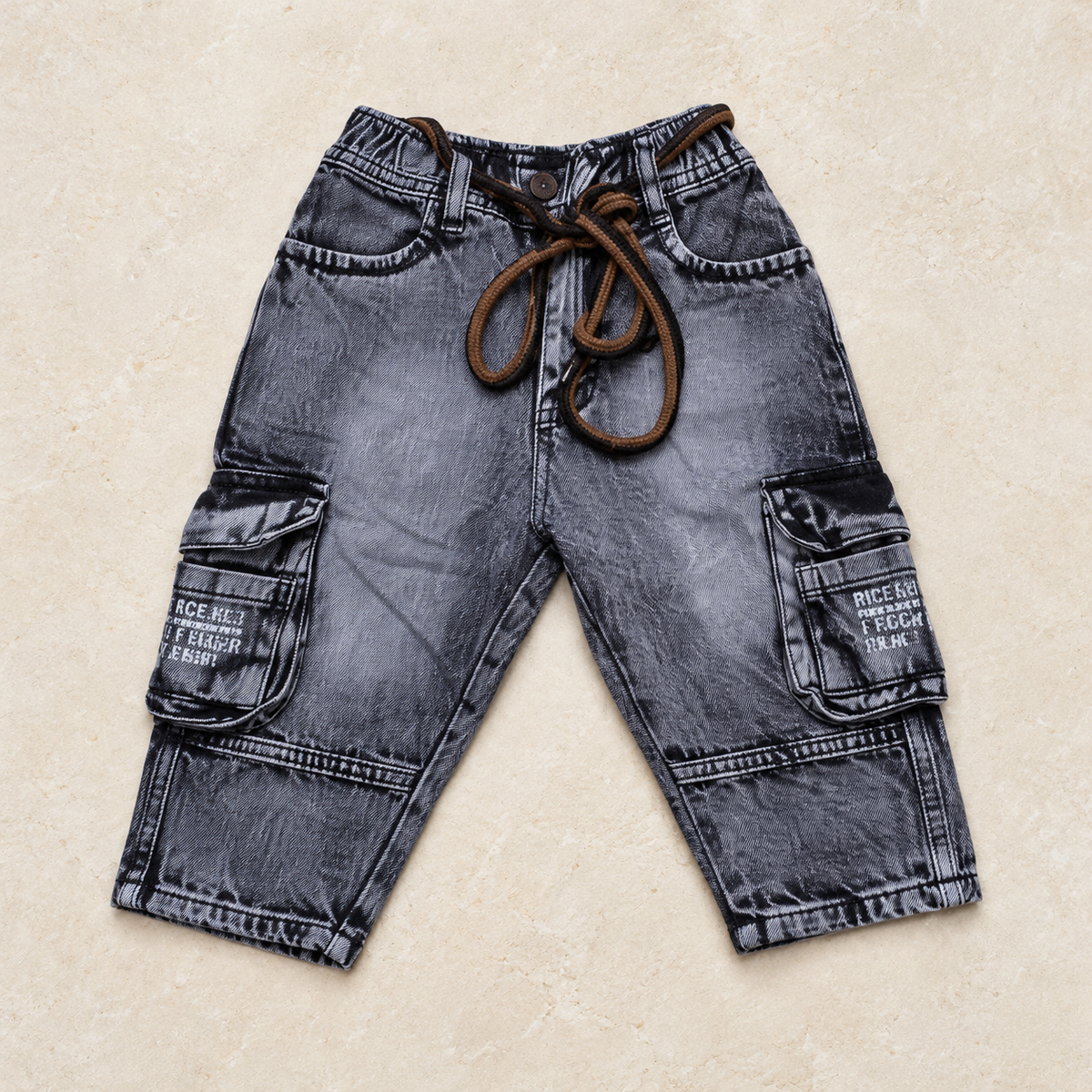 Grey Drawstring Mom Fit Cargo Jeans — product-only front view