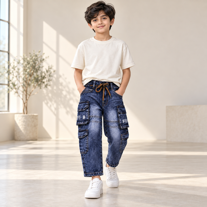 Boys' Dark Blue Drawstring Mom Fit Cargo Jeans — full model lifestyle view
