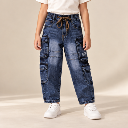 Dark Blue Drawstring Mom Fit Cargo Jeans — model wearing the jeans