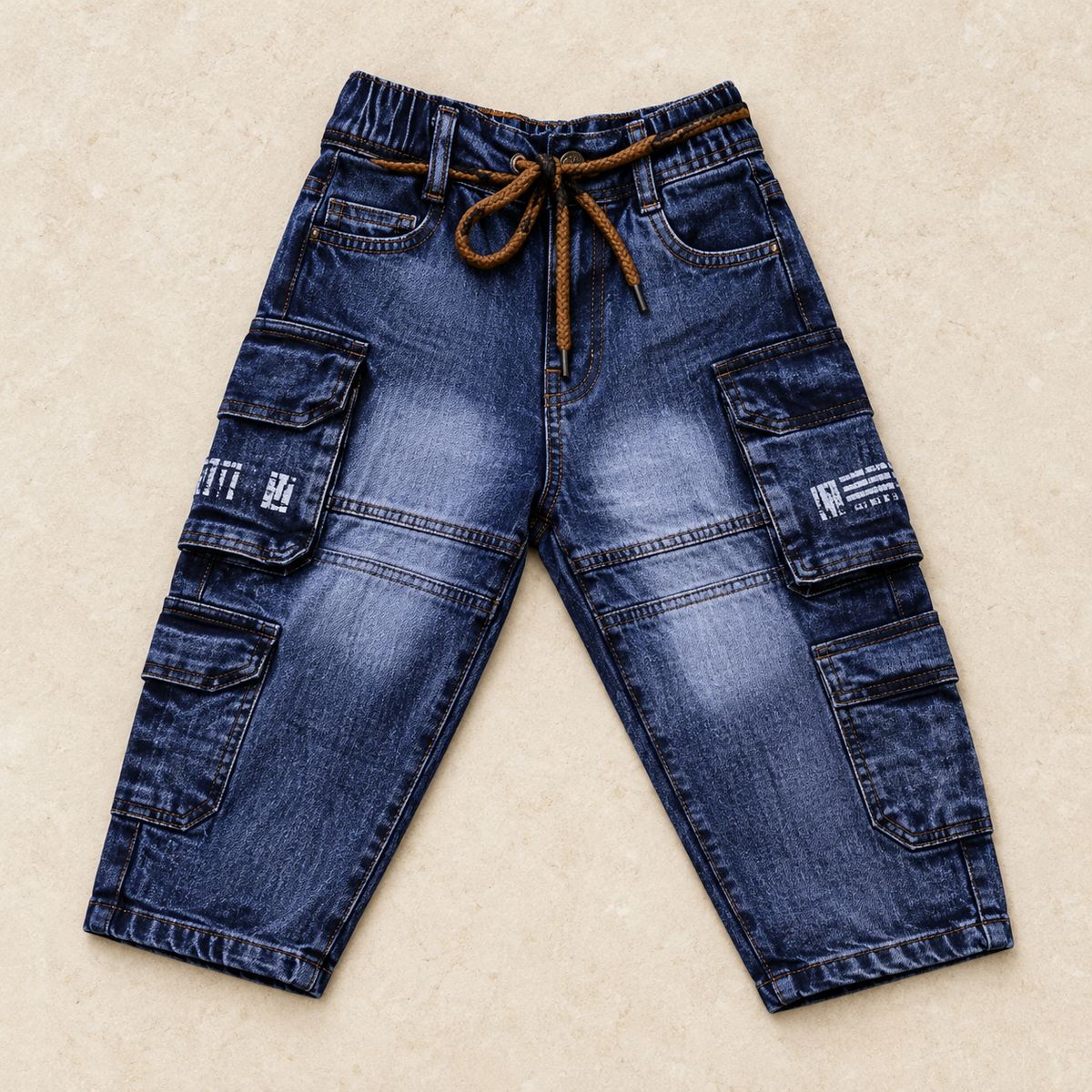 Dark Blue Drawstring Mom Fit Cargo Jeans — product-only front view