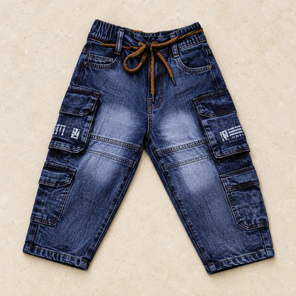 Dark Blue Drawstring Mom Fit Cargo Jeans — product-only front view