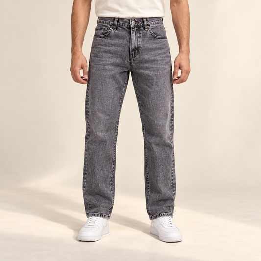 Grey Washed Mom Fit Jeans — model wearing the jeans