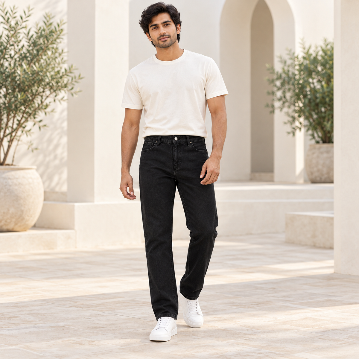 Men's Black Mom Fit Jeans — full model lifestyle view