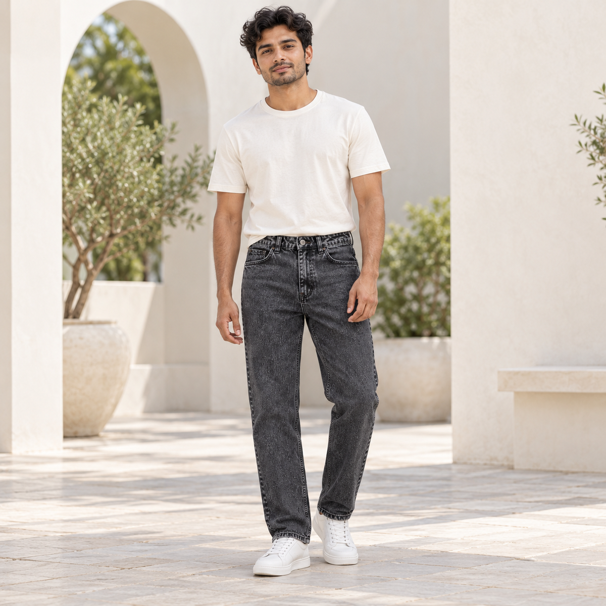 Men's Black Stonewash Mom Fit Jeans — full model lifestyle view