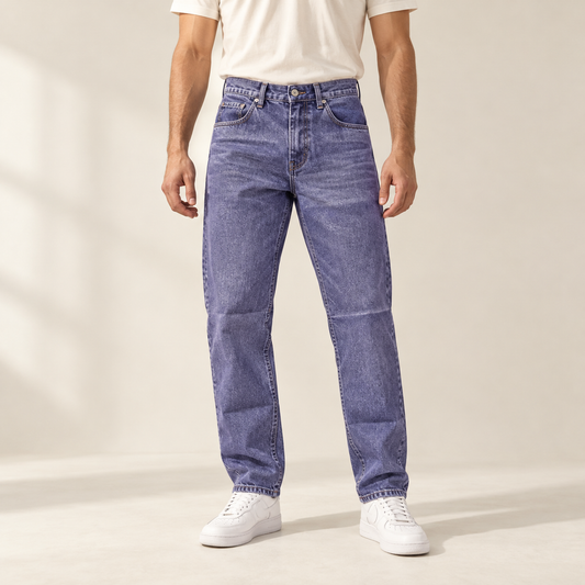 Blue Washed Mom Fit Jeans — model wearing the jeans