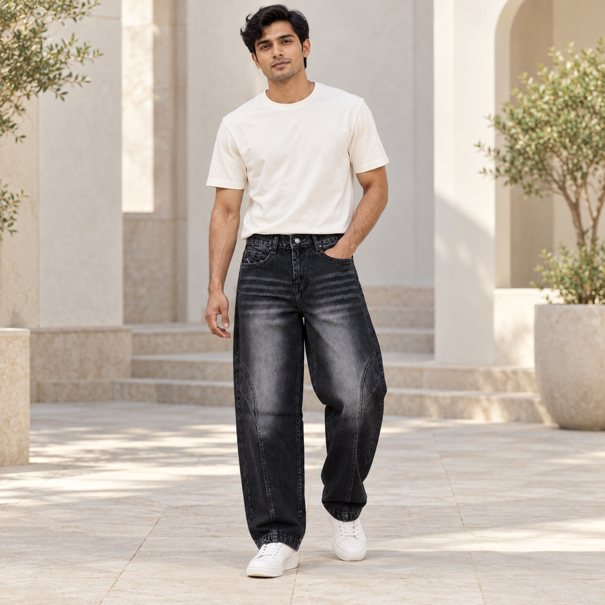 Men's Charcoal Washed Panel Jeans — full model lifestyle view