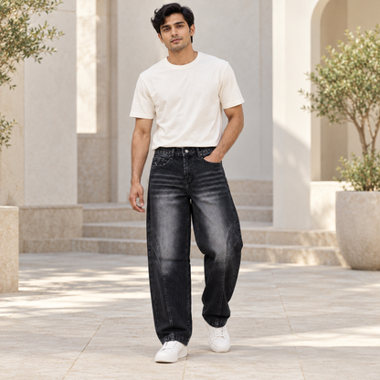 Men's Charcoal Washed Panel Jeans — full model lifestyle view