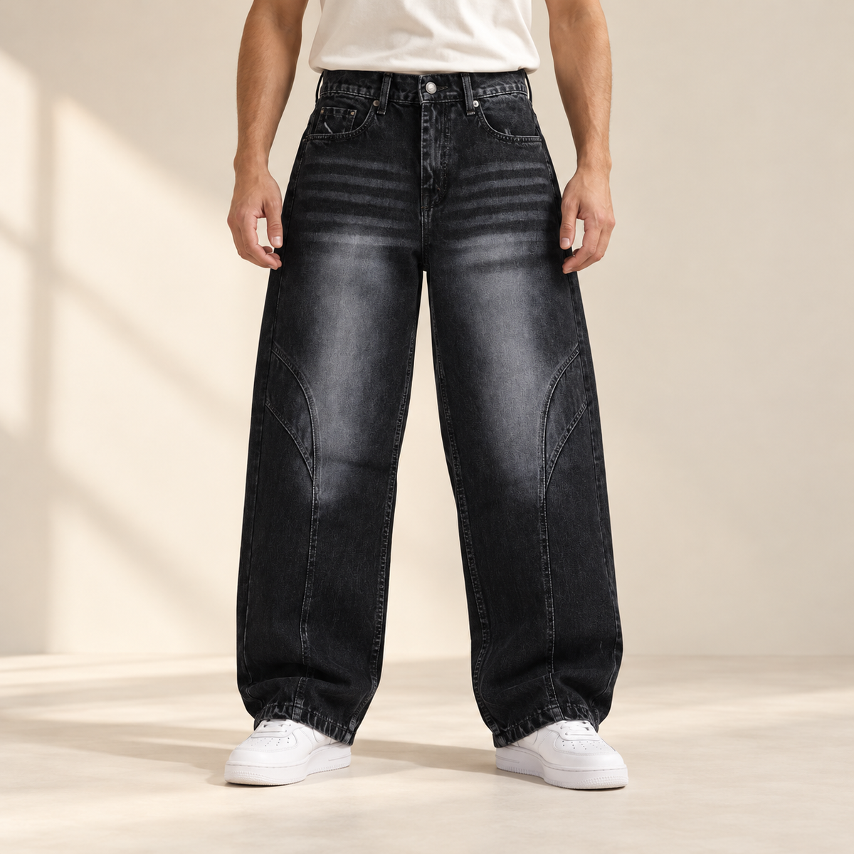 Charcoal Washed Panel Jeans — model wearing the jeans