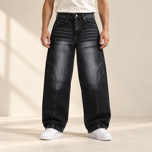 Charcoal Washed Panel Jeans — model wearing the jeans