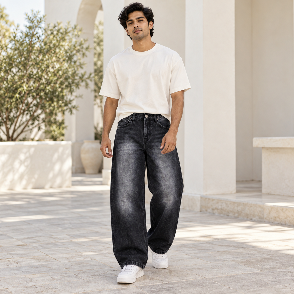 Men's Black Washed Baggy Jeans — full model lifestyle view