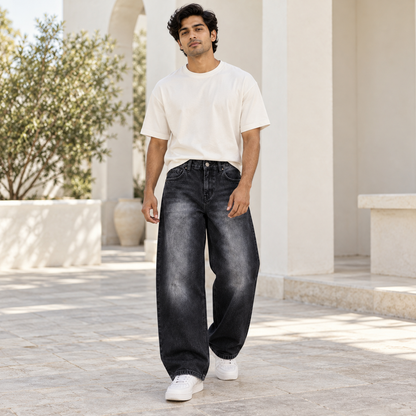 Men's Black Washed Baggy Jeans — full model lifestyle view