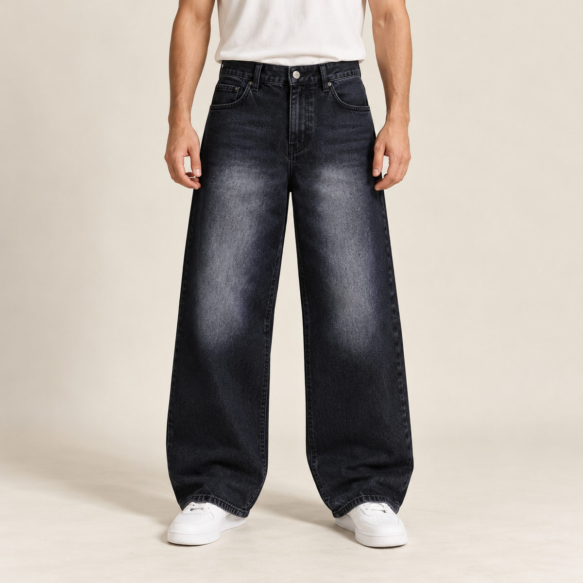 Black Washed Baggy Jeans — model wearing the jeans