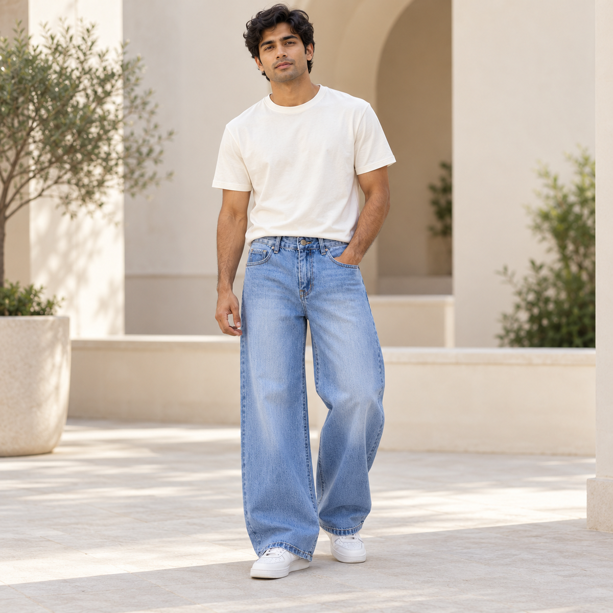 Men's Light Blue Baggy Jeans — full model lifestyle view
