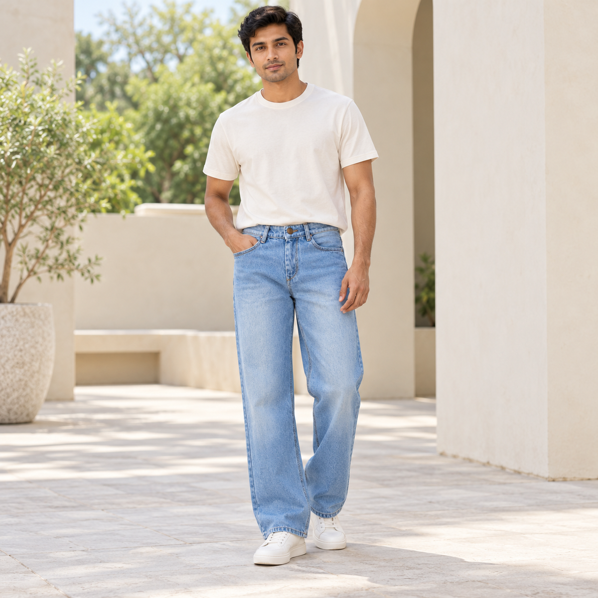 Men's Pale Blue Wide-Leg Jeans — full model lifestyle view