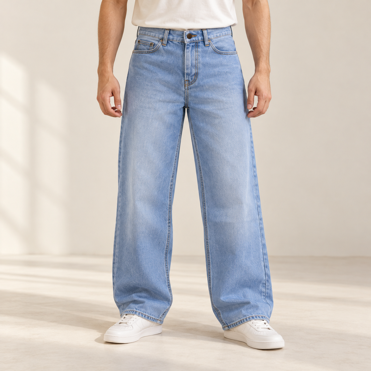 Pale Blue Wide-Leg Jeans — model wearing the jeans