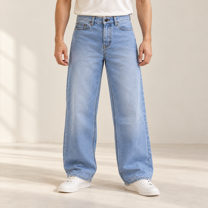 Pale Blue Wide-Leg Jeans — model wearing the jeans