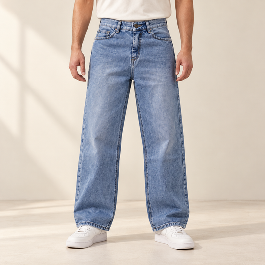 Light Blue Washed Wide-Leg Jeans — model wearing the jeans
