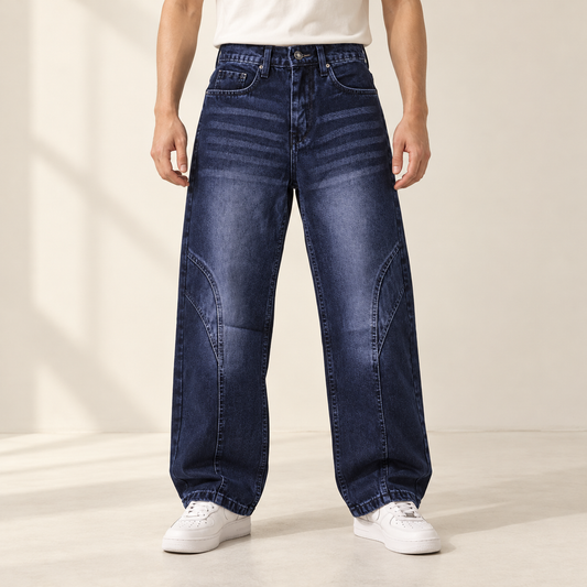 Dark Blue Washed Panel Jeans — model wearing the jeans