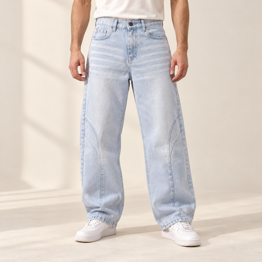 Ice Blue Washed Panel Jeans — model wearing the jeans