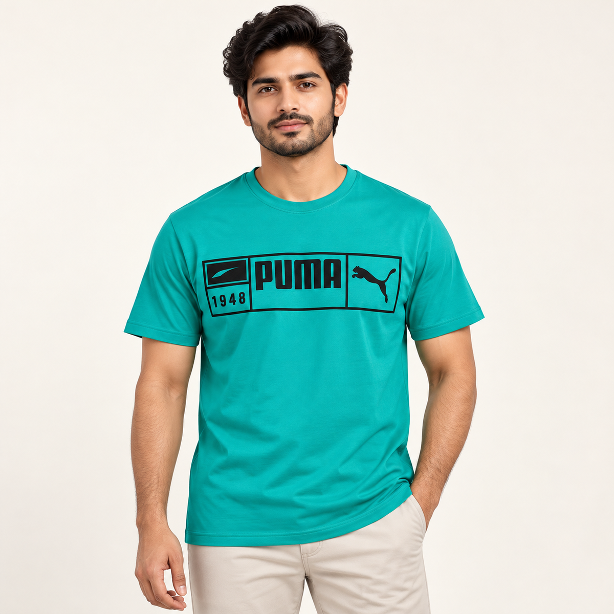 Men's Green printed short-sleeve round-neck T-shirt — model-worn