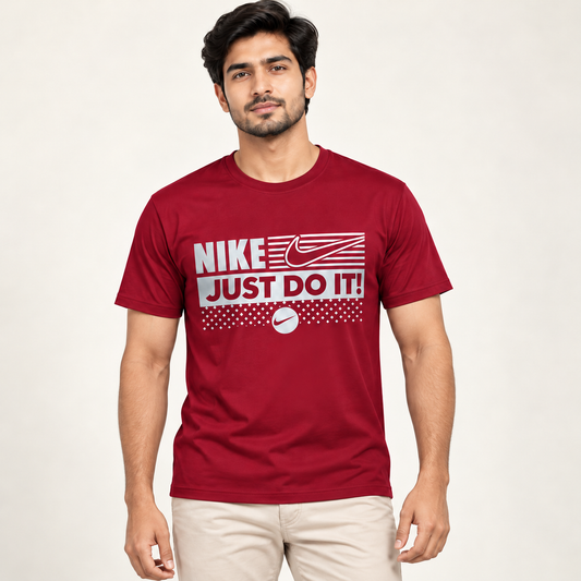 Men's Maroon printed short-sleeve round-neck T-shirt — model-worn