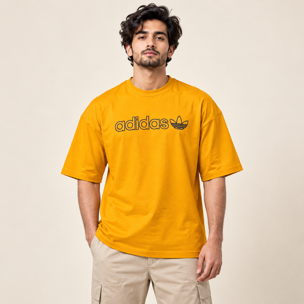 Front and Back Graphic Drop Shoulder T-Shirt - Mustard — model wearing front view