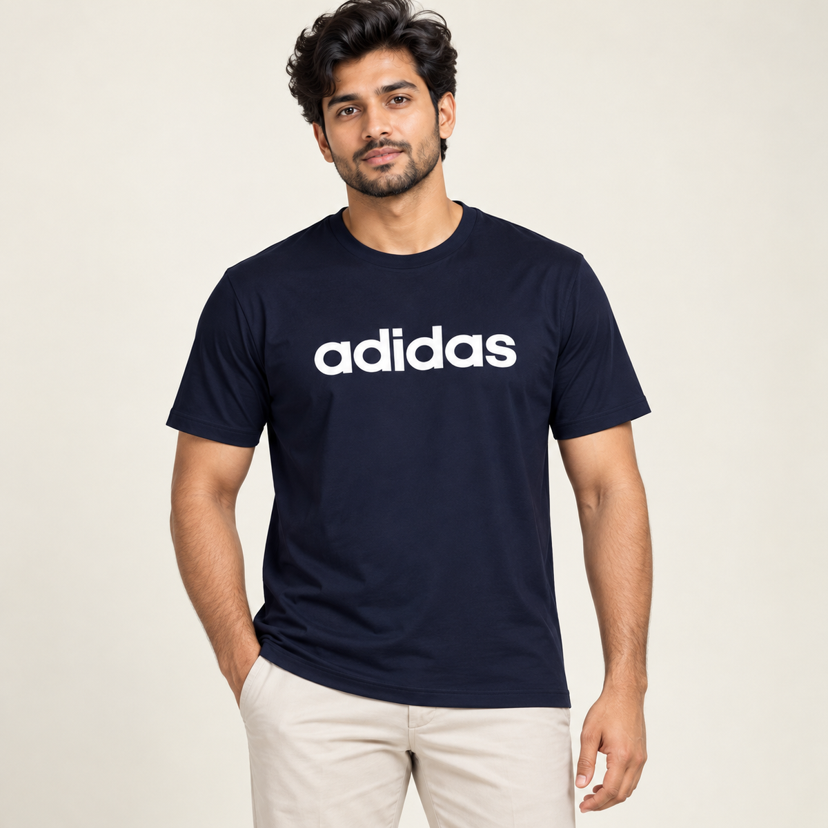 Men's Navy Blue printed short-sleeve round-neck T-shirt — model-worn