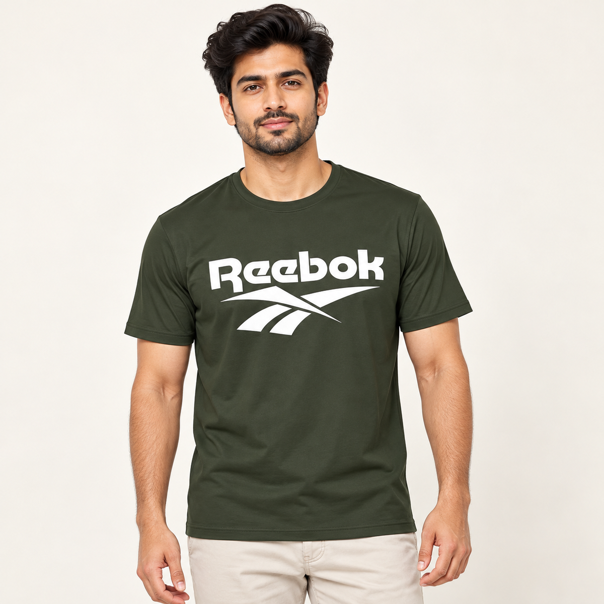 Men's Olive Green printed short-sleeve round-neck T-shirt — model-worn